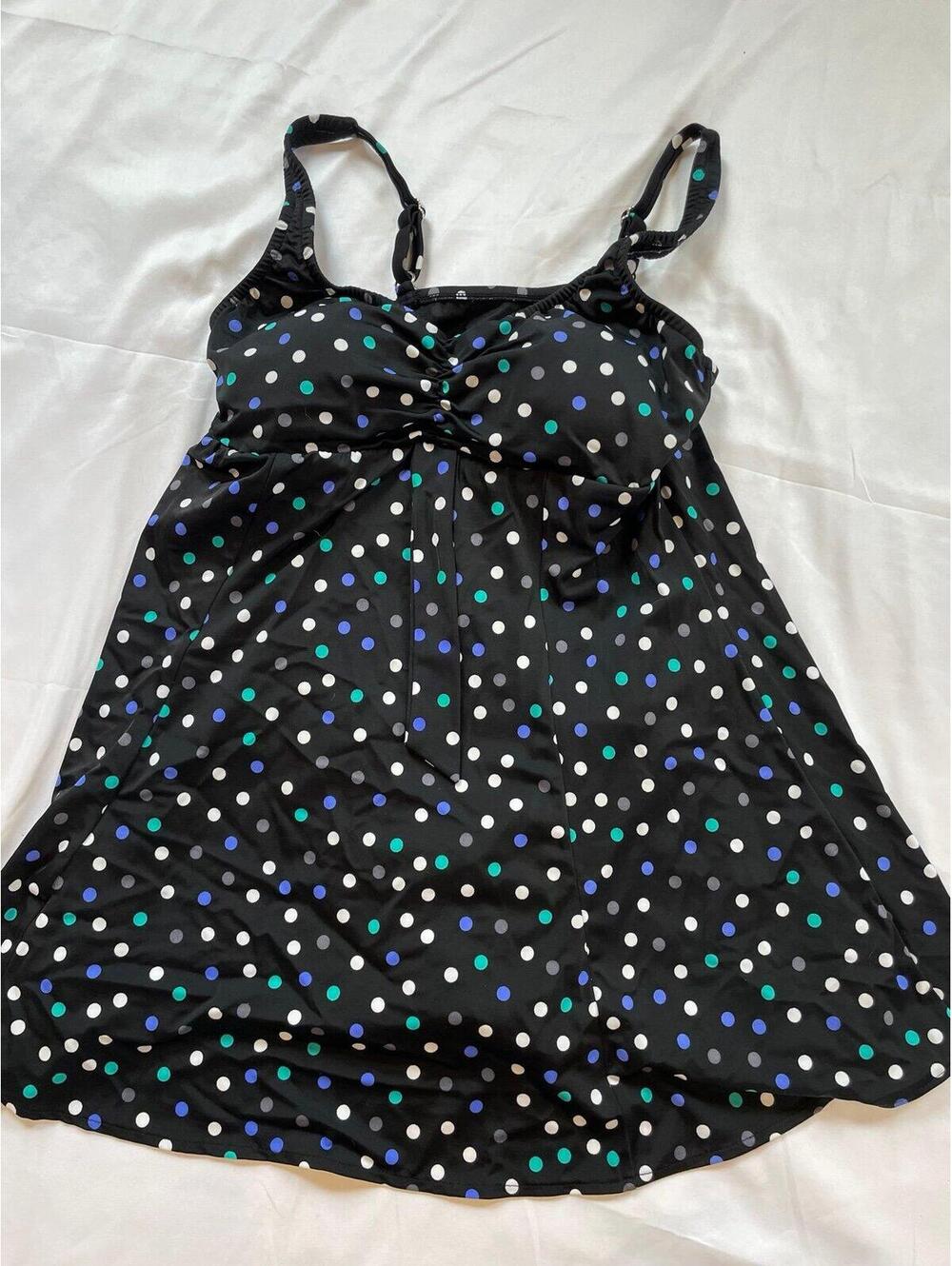 Modest Black Polka Dot Tankini Swim Top Small Built-In Bra